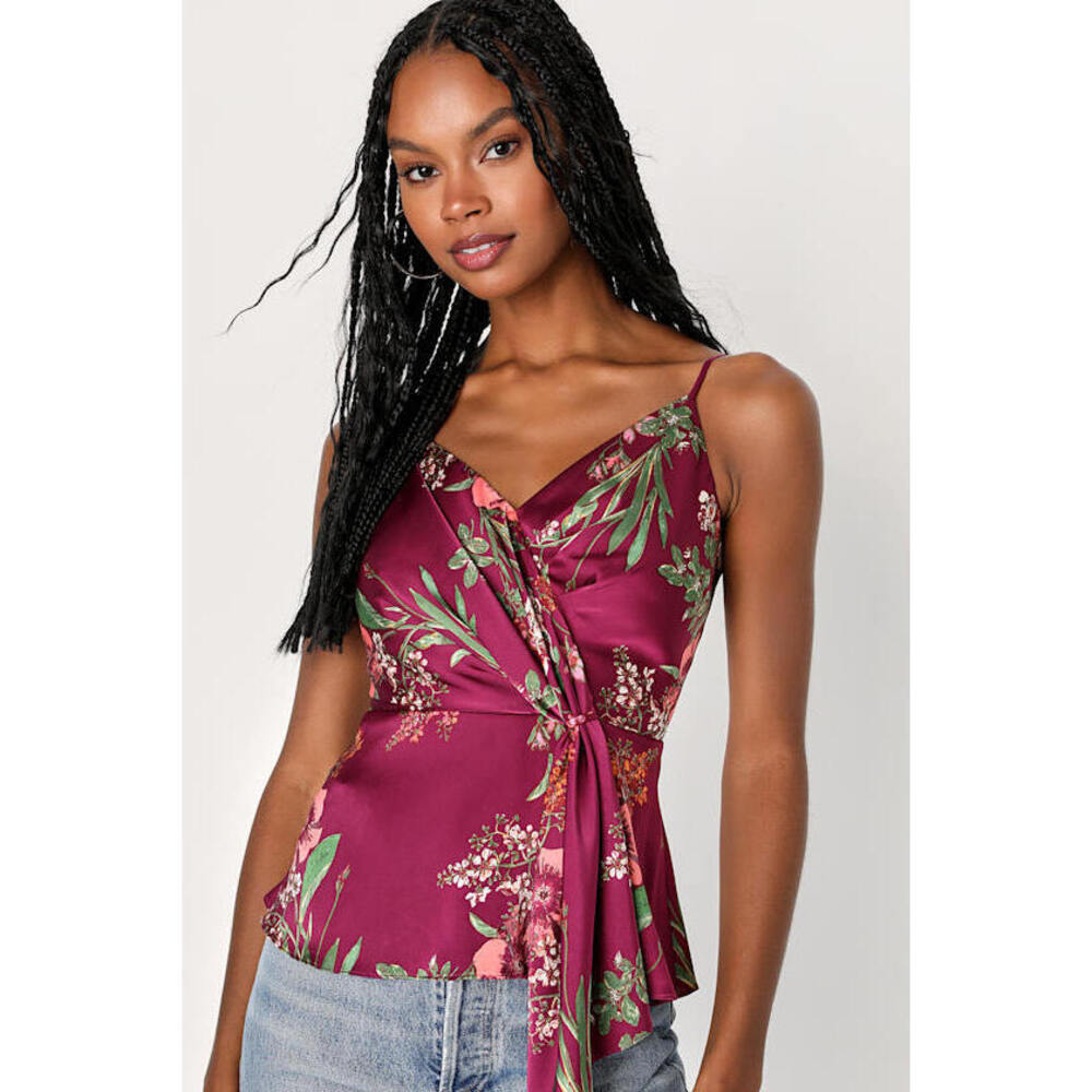 Lulus Effortless Adoration Wine Red Floral Print Satin Cami Top - Size M